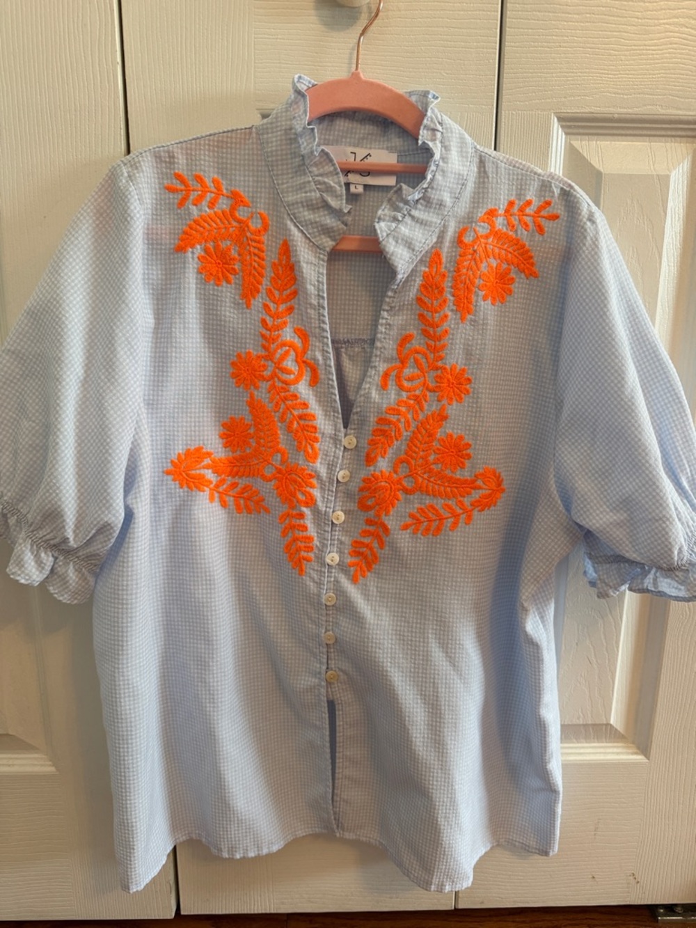 Light Blue Men’s Button-Front Shirt with Orange Floral Embroidery